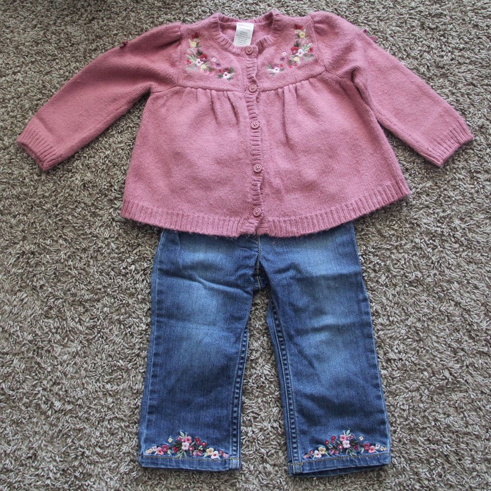 Gymboree Girls (2 Piece) 18-24 month Pink Flower Sweater & Jeans Outfit - Used
